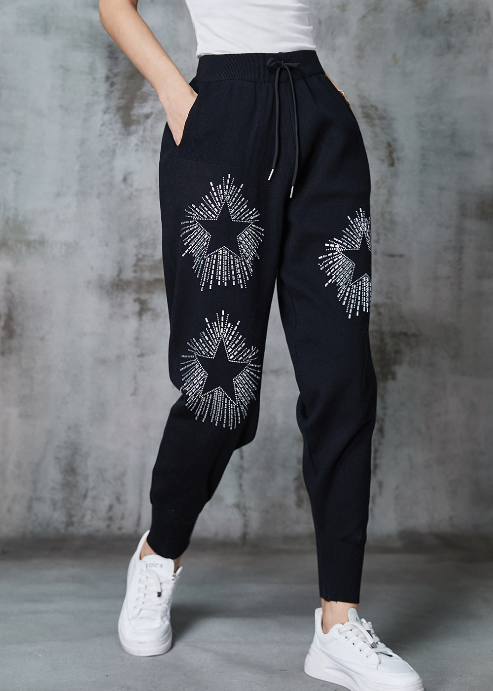 Diy Black Elastic Waist Zircon Cotton Harem Pants Spring
