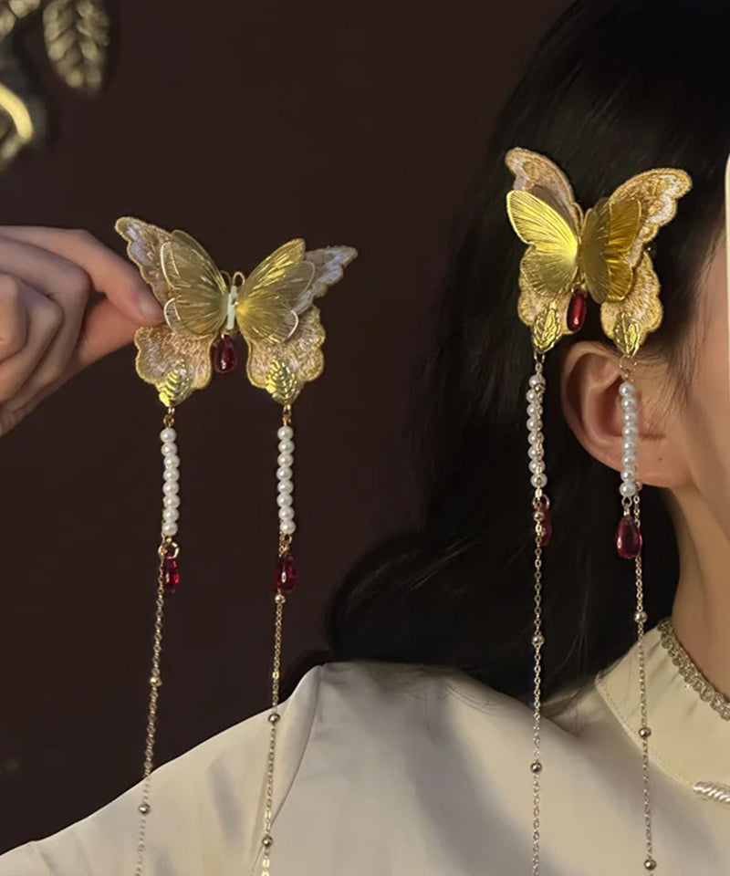 Gold Alloy Butterfly Embroidery Tassel a Pair Hairpin