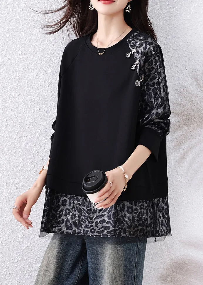 Black Leopard Tulle Patchwork Cotton T Shirts Fall