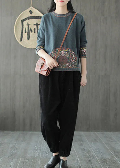 Blue Green O-neck Jacquard Fall Knit Sweater