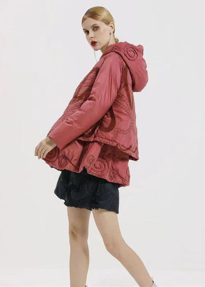 Pink Hooded Embroidery Patchwork Duck Down Coat Winter
