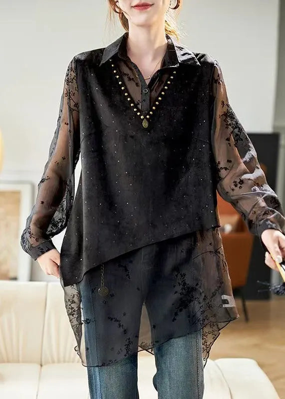 Art Black Nail Bead False Two Pieces Cotton Shirt Spring