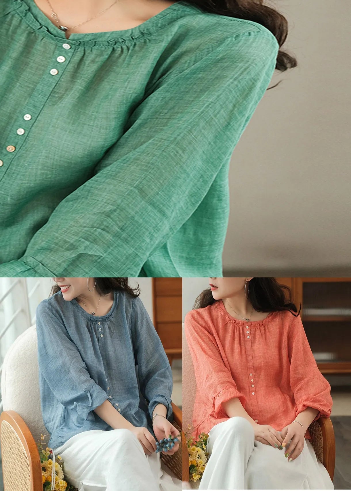 Orange O-neck Ruffled Linen Tops Long Sleeve