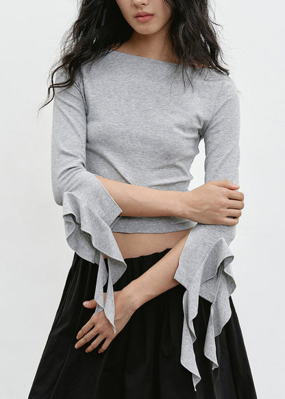 Fitted Black O Neck Ruffled Cotton Tops Bracelet Sleeve