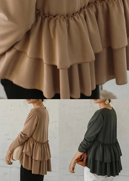 Grey Patchwork Cotton Shirts Top O Neck Ruffles Long Sleeve