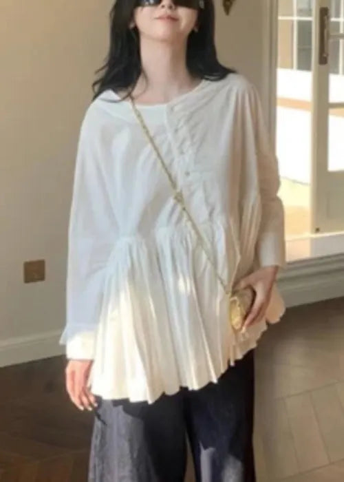 New White O Neck Button Wrinkled Cotton Shirt Fall