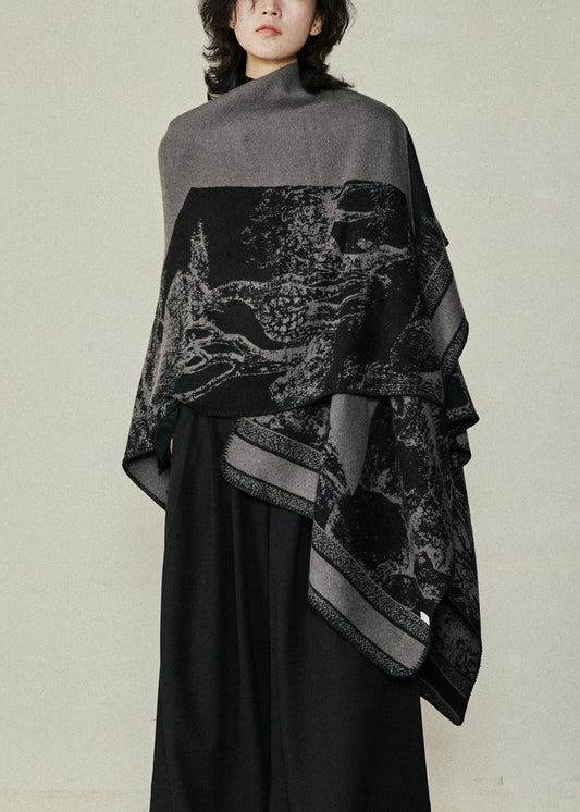 Organic Black V Neck Print Cotton Knit Shawl Coats Fall