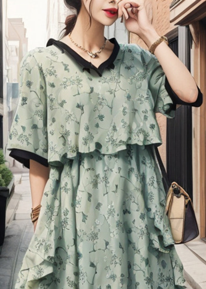 Green Ruffled Print Silk Fake Two Piece Dresses Summer