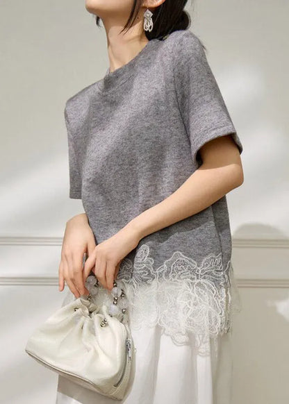 Grey Lace Patchwork Top Short Sleeve