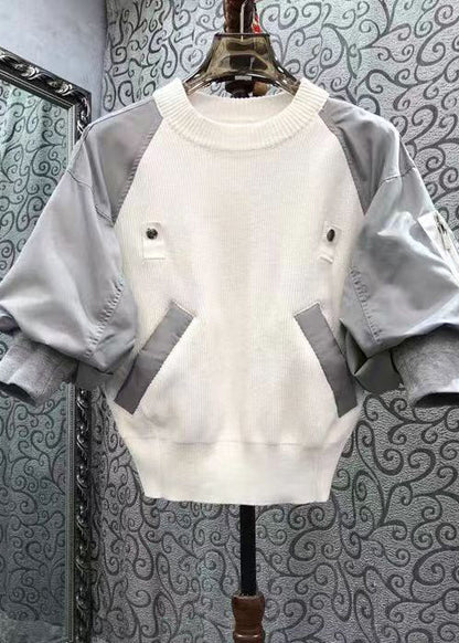 Early Spring Army Green O-neck Patchwork Knitted Top