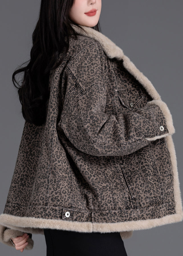 Brown Oversized Leopard Print Warm Fleece Jacket Winter