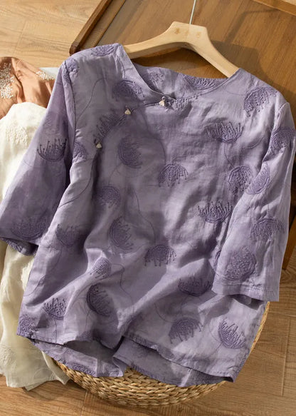 Beige O-neck Embroidered Linen Shirt Top Summer
