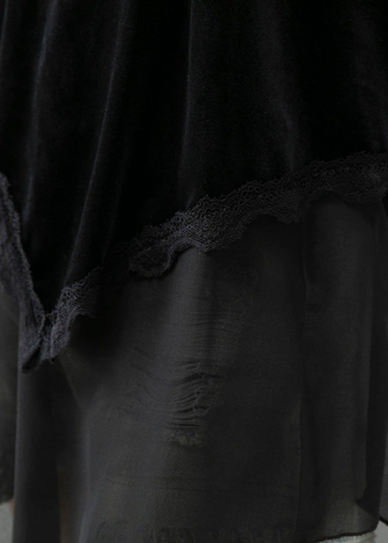 Black Asymmetrical Patchwork Silk Velour Blouse Tops Fall