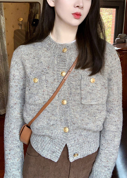Grey O Neck Button Knit Short Sweater Cardigan Fall