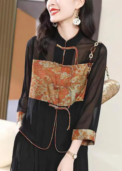 Black Stand Collar Tasseled Patchwork Chiffon Shirt Top Fall