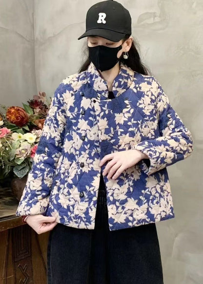 Blue Stand Collar Print Fine Cotton Filled Coat Winter