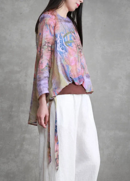 Unique O-neck Print Asymmetrical Low High Design Tie Waist Linen Top Long Sleeve