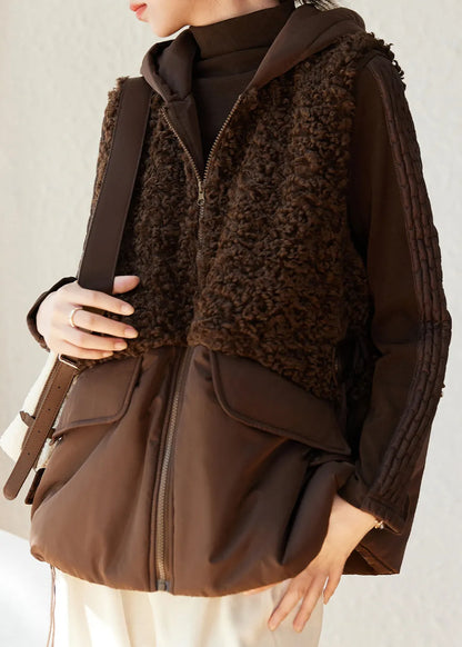 Loose Coffee Zip Up Faux Fur Patchwork Fine Cotton Filled Vest Sleeveless