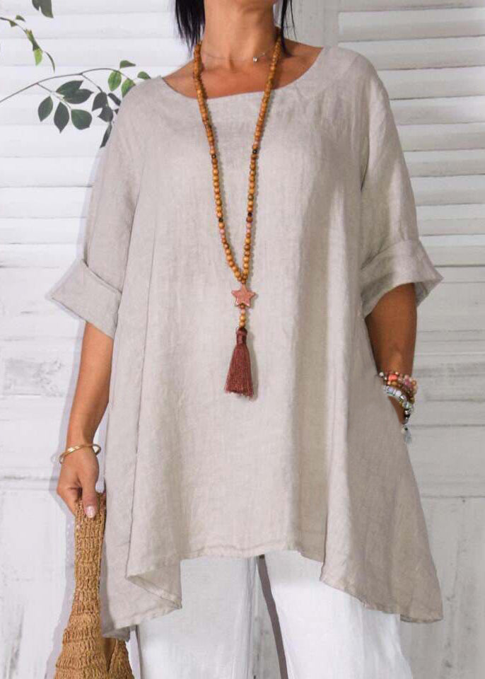 Loose Apricot O Neck Pockets Linen T Shirts Half Sleeve Fall