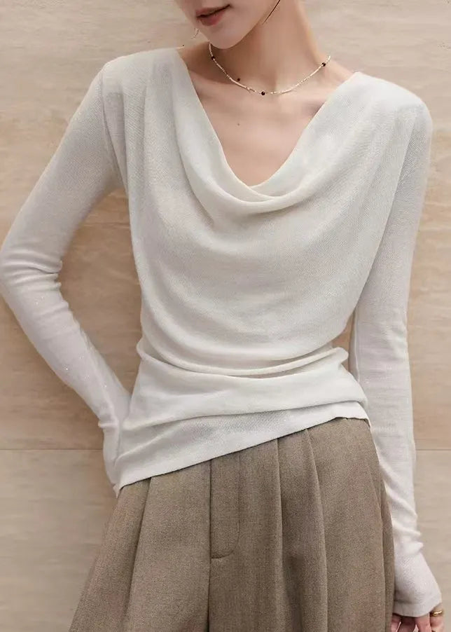 White Turtle Neck Wool Knit Blouse Top Spring