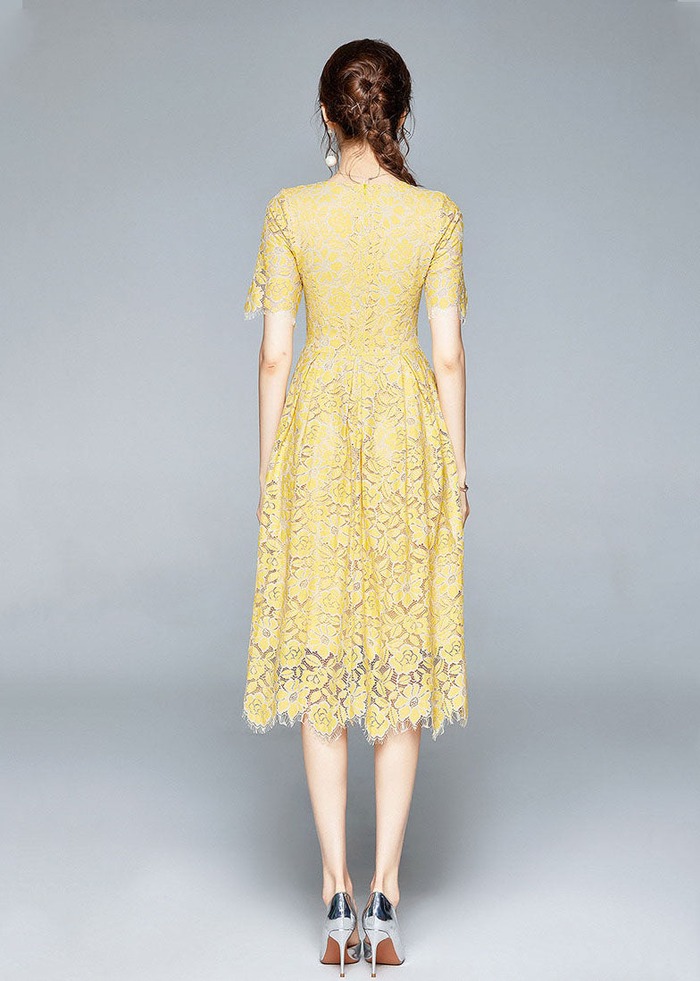 French Yellow Zip Up Slim Fit Lace Party Dress Short Sleeve Summer