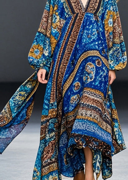 Blue Oversized Print Cotton Maxi Dresses Fall