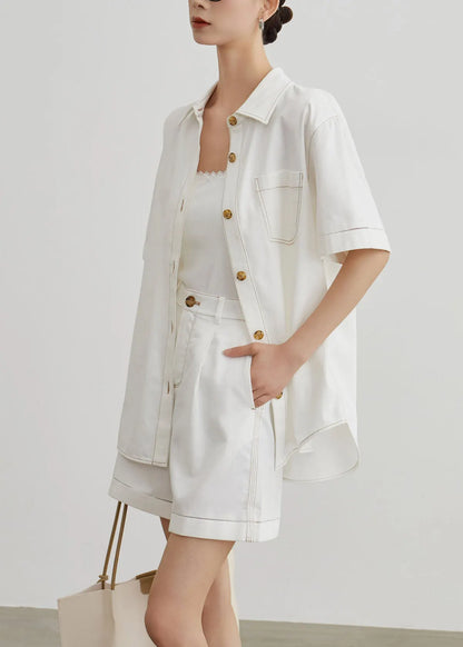 Modern White Peter Pan Collar Denim Two Pieces Set Summer