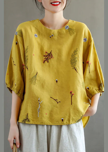 Yellow O-neck Embroideried Linen Tank Top Lantern Sleeve