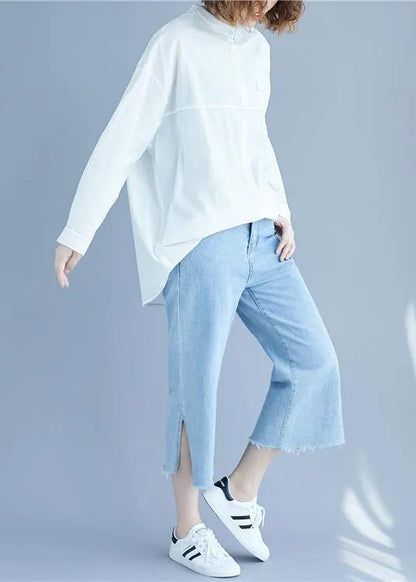 White Low High Design Long Sleeve Blouses