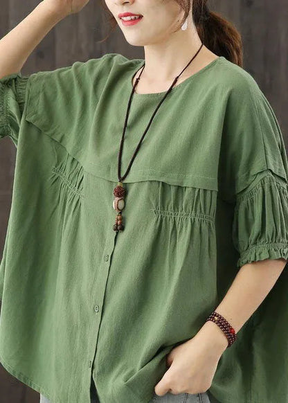 Green O-neck Patchwork Button Wrinkled Fall Half Sleeve Top