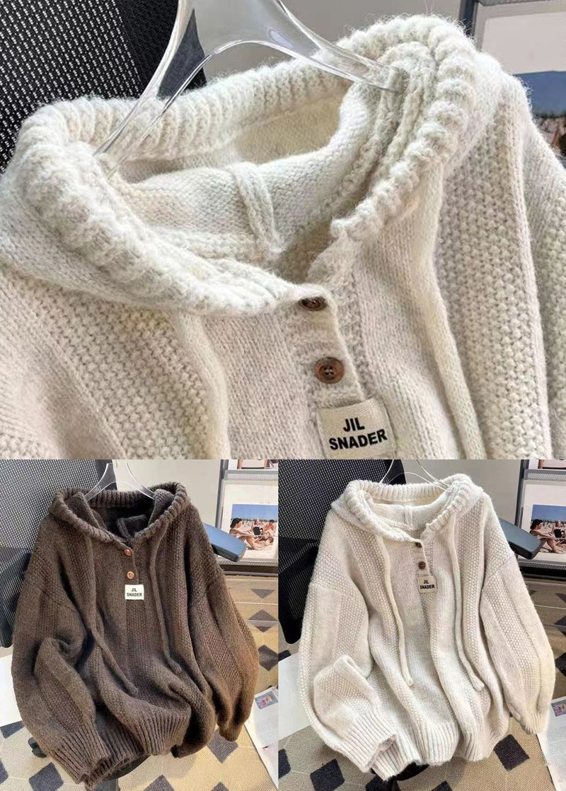 Apricot Button Lace Up Cotton Knit Tops Hooded Long Sleeve Fall