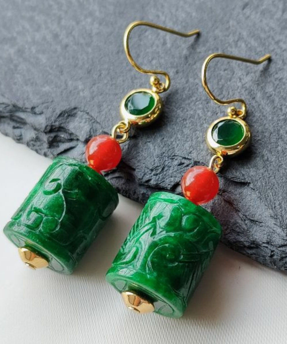 Green 14k Gold Dry Green Jade Agate Drop Earrings