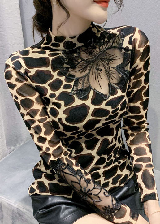 Leopard Print Blouses Tops Hollow Out Spring
