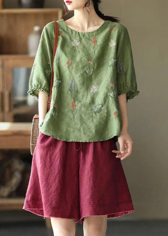 Pink O-neck Embroideried Summer Ramie Blouses Half Sleeve