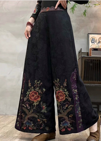 Style Navy Embroidered Cotton Wide Leg Pants Spring