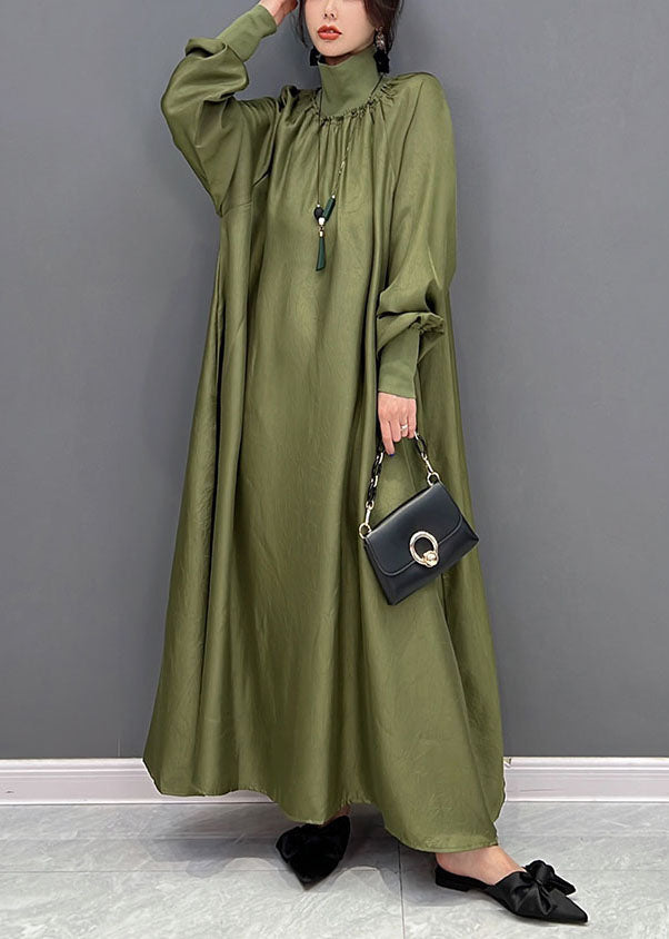 Green Loose Silk a Line Dresses High Neck Draping Spring