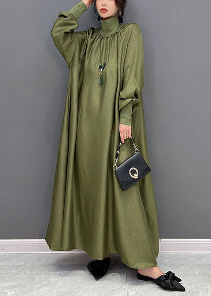 Green Loose Silk a Line Dresses High Neck Draping Spring