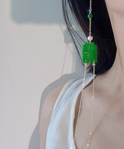 Dry Green Jade Overgild Jade Pearl Tasserl Drop Earrings