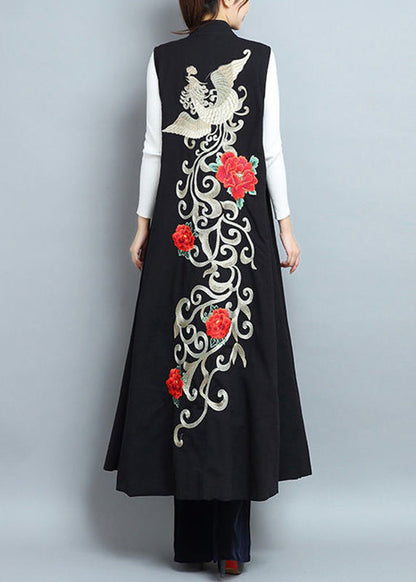 Black Embroideried Side Open Patchwork Cotton Long Waistcoat Sleeveless
