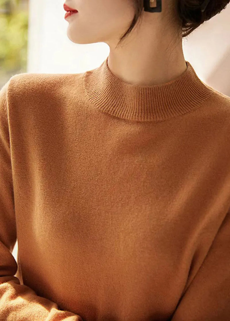 New Camel Stand Collar Woolen Knit Pullover Fall