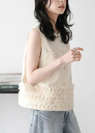 Modern Beige Ruffled Patchwork Cotton Vest Top Sleeveless