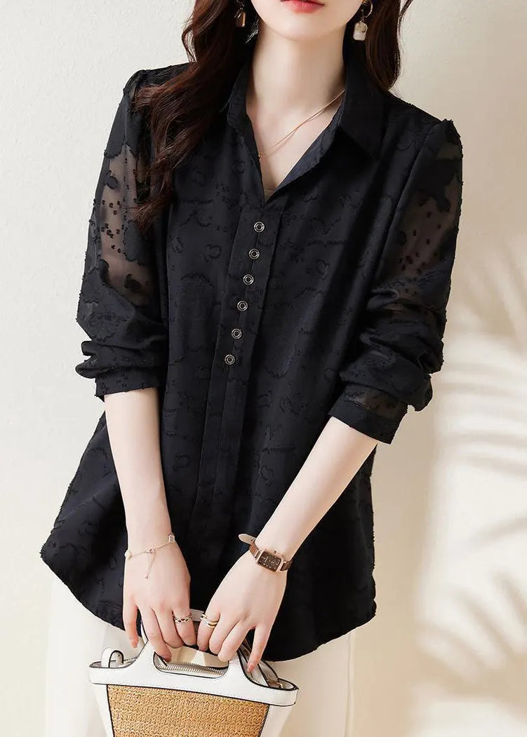 Black Jacquard Draping Chiffon Shirt Spring