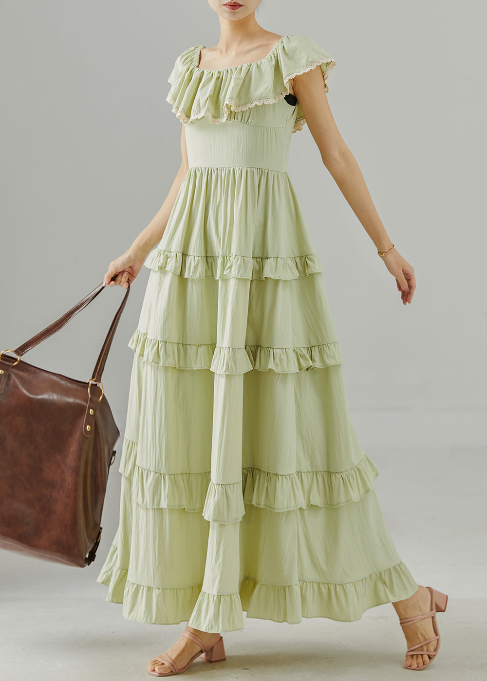 Green Ruffled Silm Fit Cotton Long Dress Summer