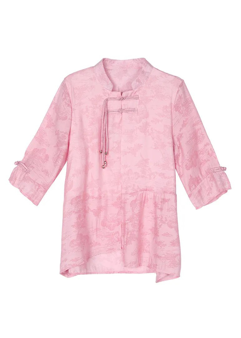 Blue Stand Collar Tasseled Patchwork Linen Shirt Summer