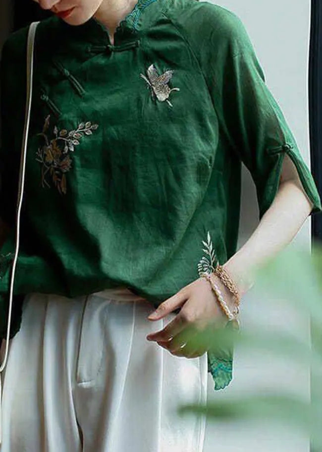 Handmade Green Side Open Mandarin Collar Tops Half Sleeve