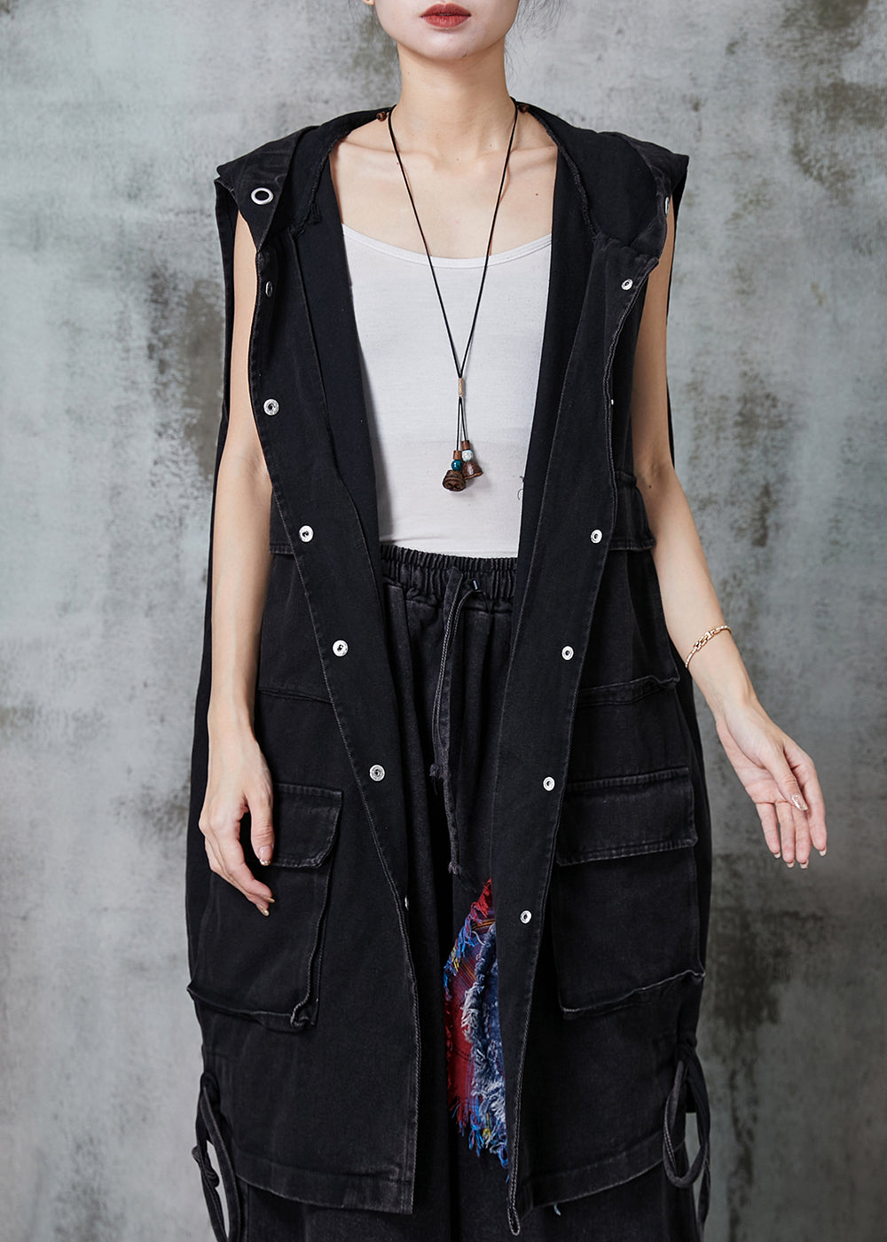 Black Drawstring Pockets Cotton Hooded Vest Spring