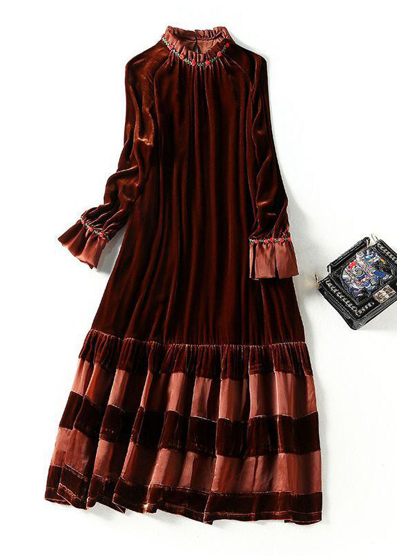 Brown Oversized Patchwork Silk Velour Robe Dresses Spring