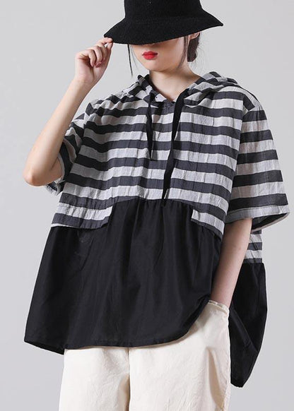 Black Striped Patchwork Cotton Linen Blouses Summer