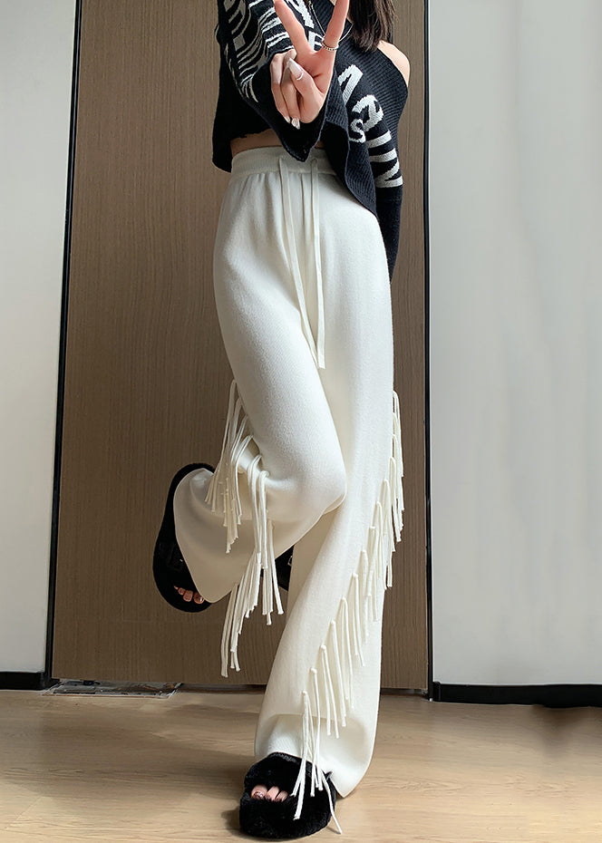 Beige Tasseled Elastic Waist Cotton Knit Pants Spring