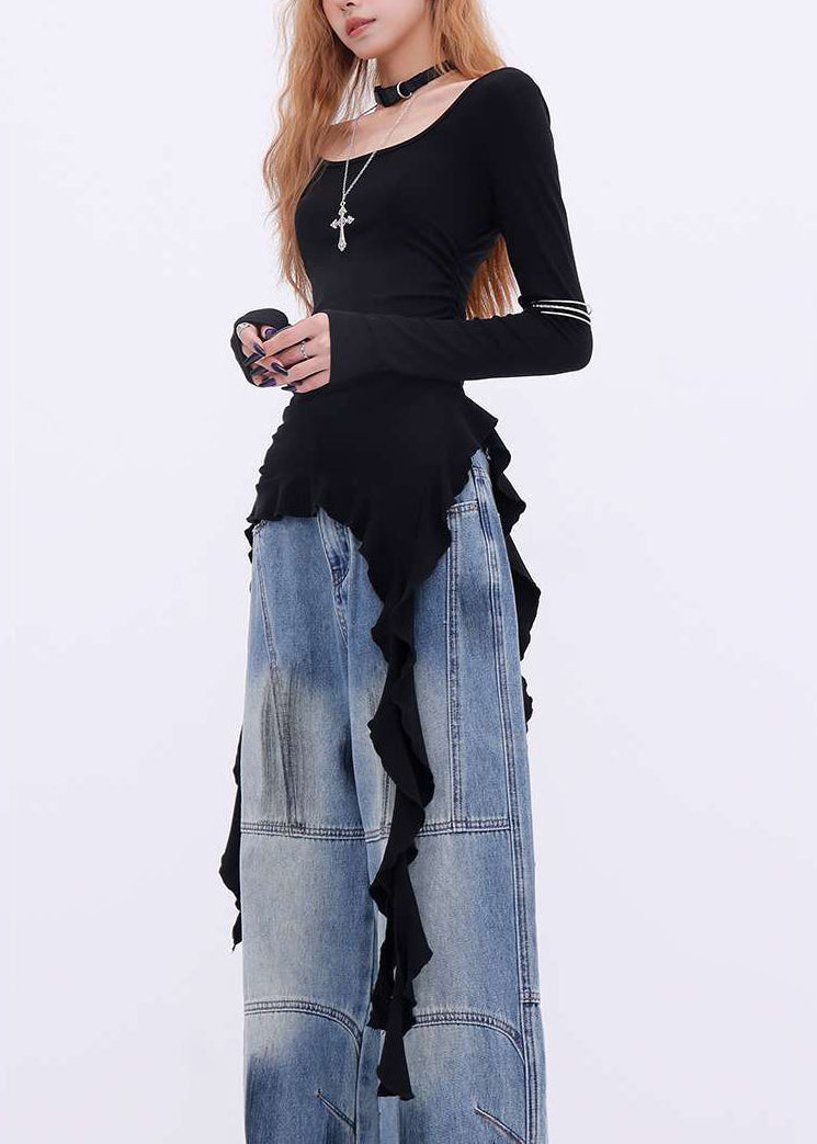 New Black Asymmetrical Cotton T Shirts Spring